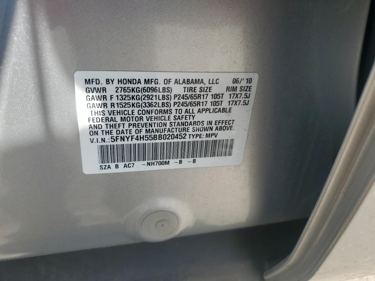 2011 Honda Pilot Exl VIN: 5FNYF4H55BB020452 Lot: 63164435