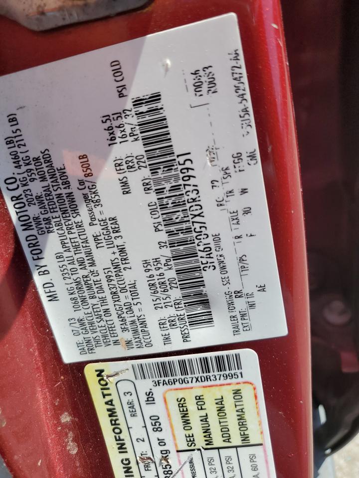 2013 Ford Fusion S VIN: 3FA6P0G7XDR379951 Lot: 63926905