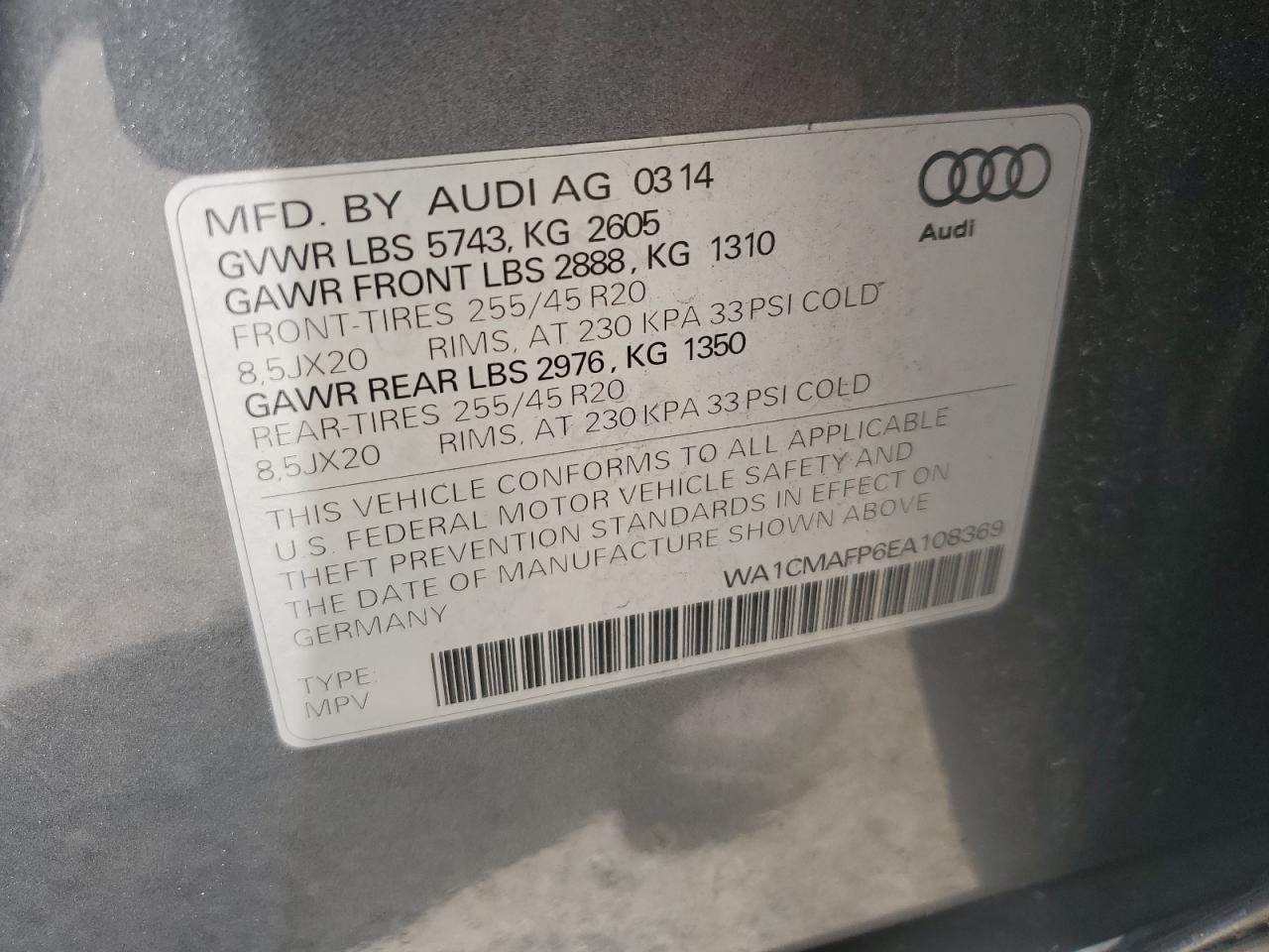 2014 Audi Q5 Tdi Premium Plus VIN: WA1CMAFP6EA108369 Lot: 65142365