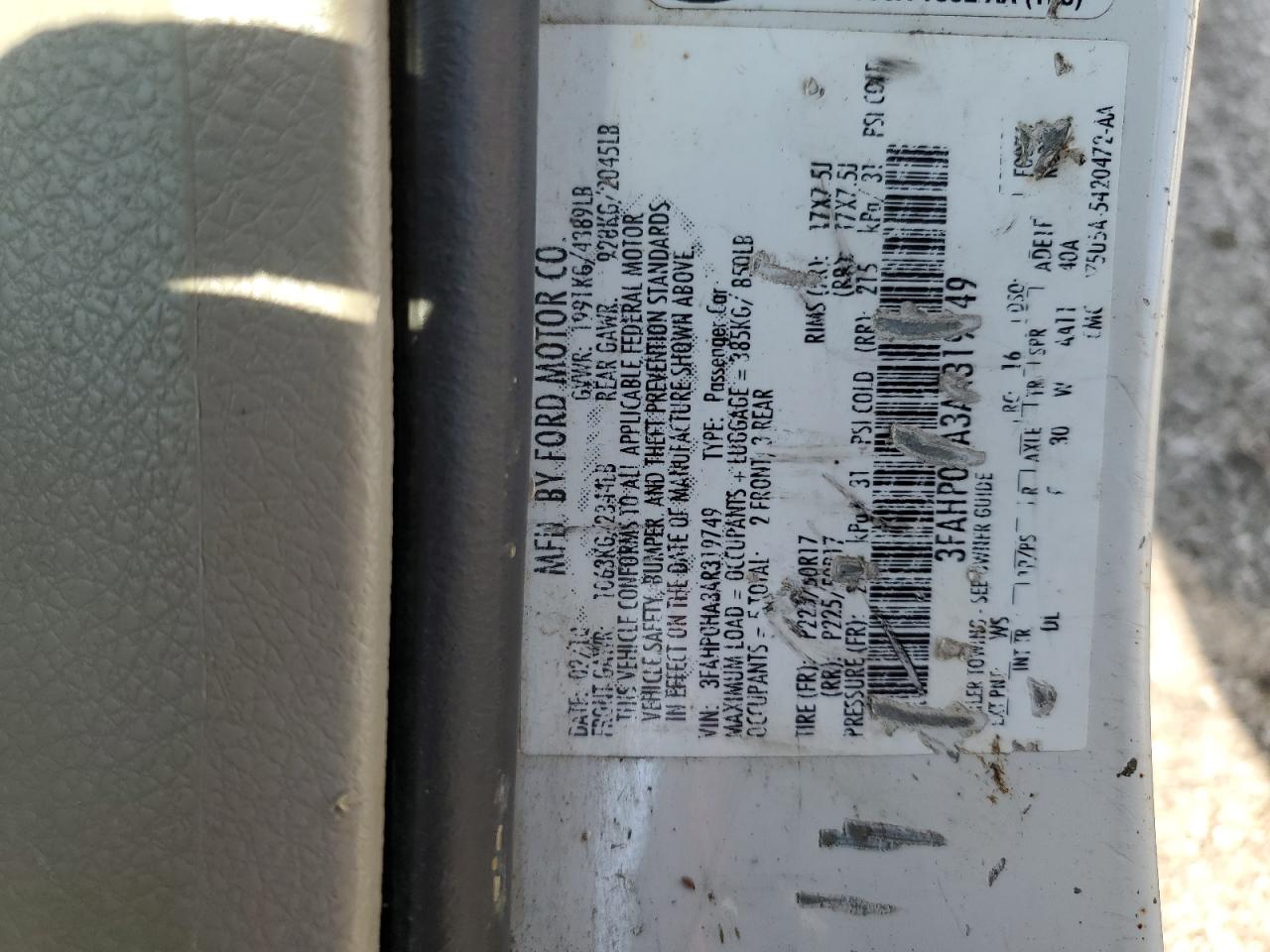 2010 Ford Fusion Se VIN: 3FAHP0HA3AR319749 Lot: 66758485