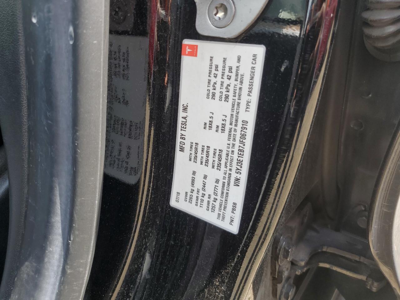 2018 Tesla Model 3 VIN: 5YJ3E1EB7JF067910 Lot: 65096155