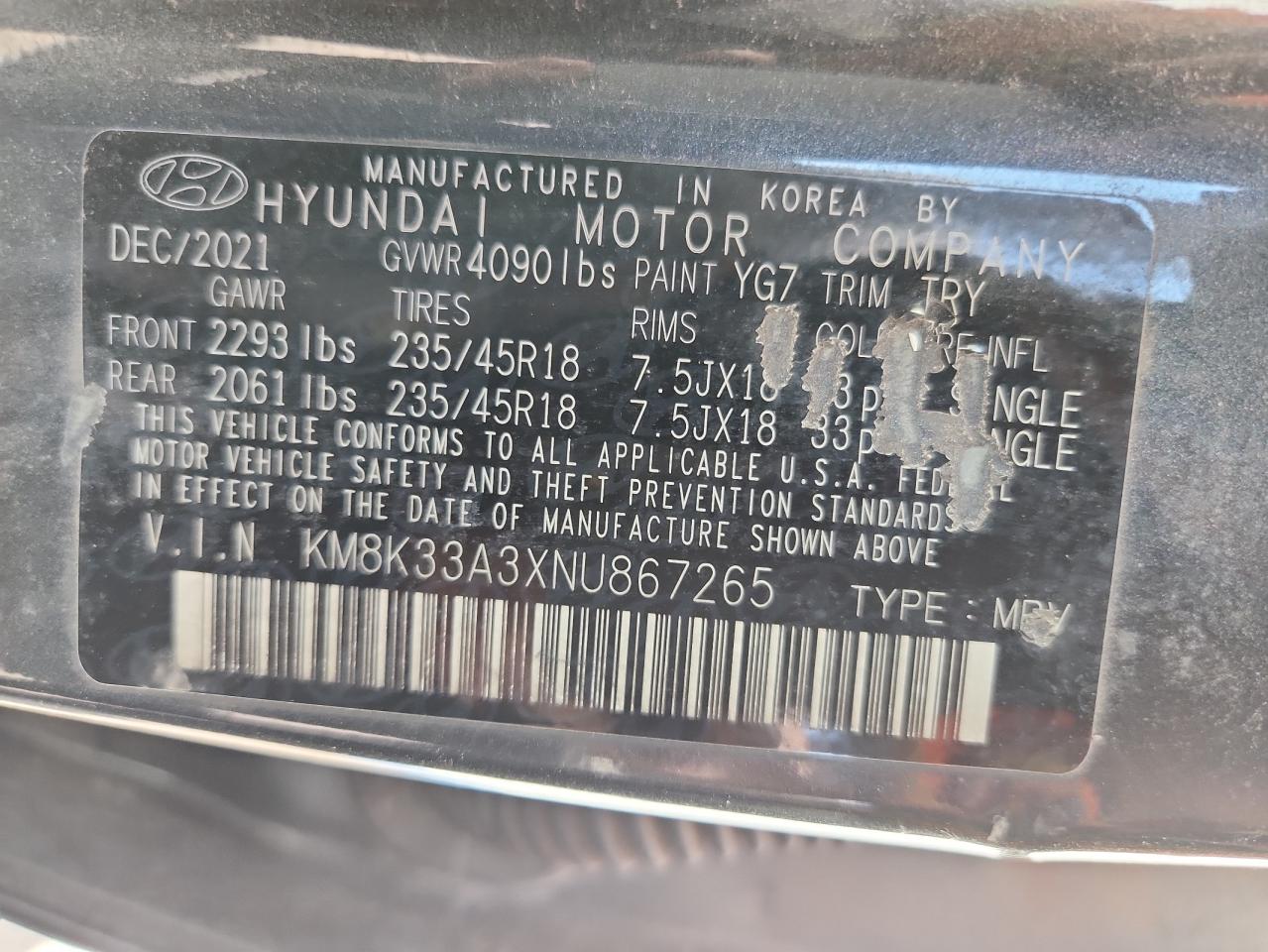 km8k33a3xnu867265 KM8K33A3XNU867265 2022 Hyundai Kona N Line