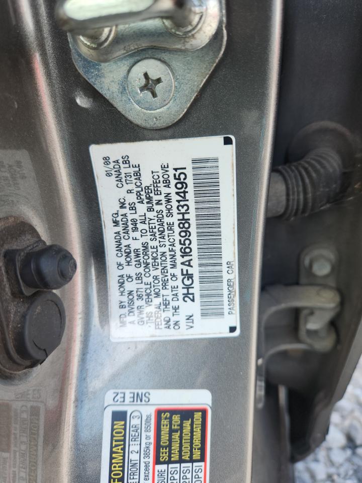 2008 Honda Civic Lx VIN: 2HGFA16598H314951 Lot: 62746375