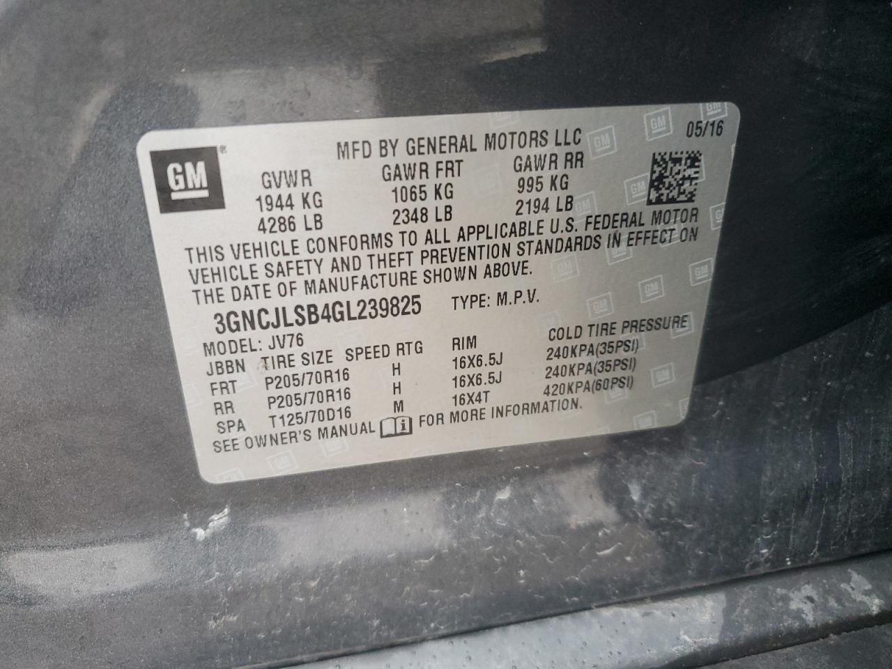 2016 Chevrolet Trax 1Lt VIN: 3GNCJLSB4GL239825 Lot: 66855645