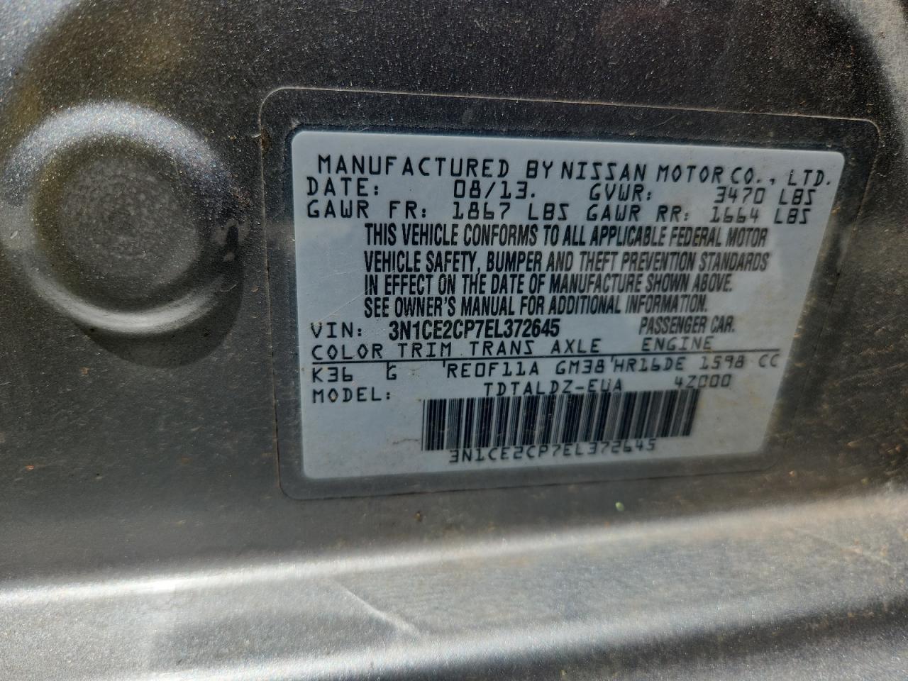 2014 Nissan Versa Note S VIN: 3N1CE2CP7EL372645 Lot: 66025465