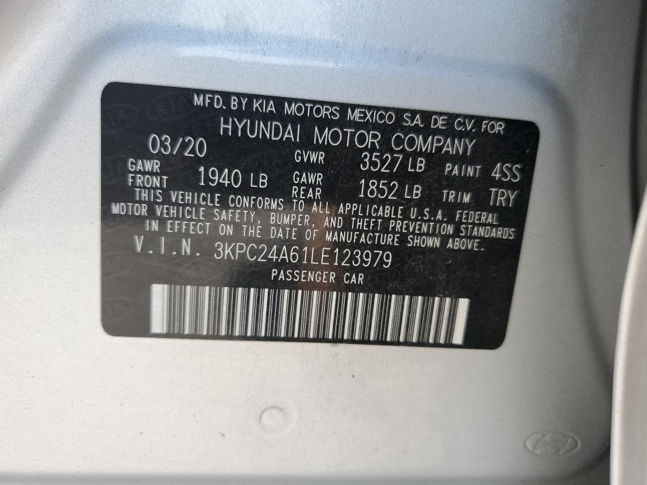 2020 Hyundai Accent Se VIN: 3KPC24A61LE123979 Lot: 64802115