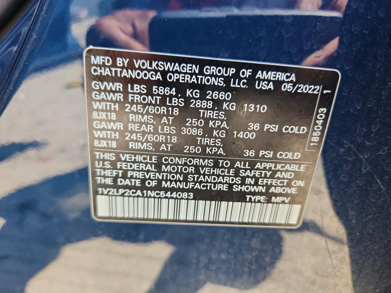 2022 Volkswagen Atlas Se VIN: 1V2LP2CA1NC544083 Lot: 65024825