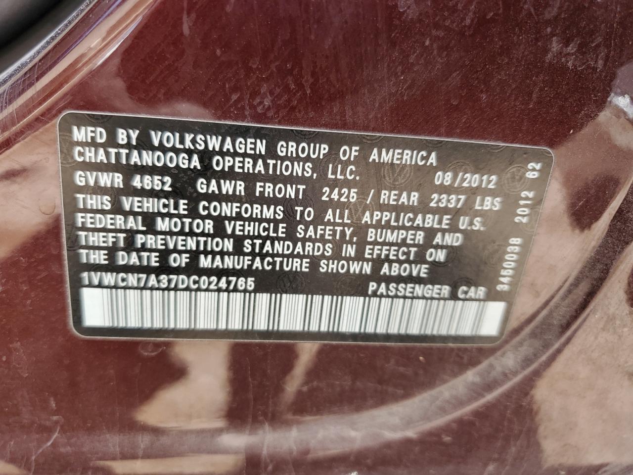 2013 Volkswagen Passat Sel VIN: 1VWCN7A37DC024765 Lot: 64513655