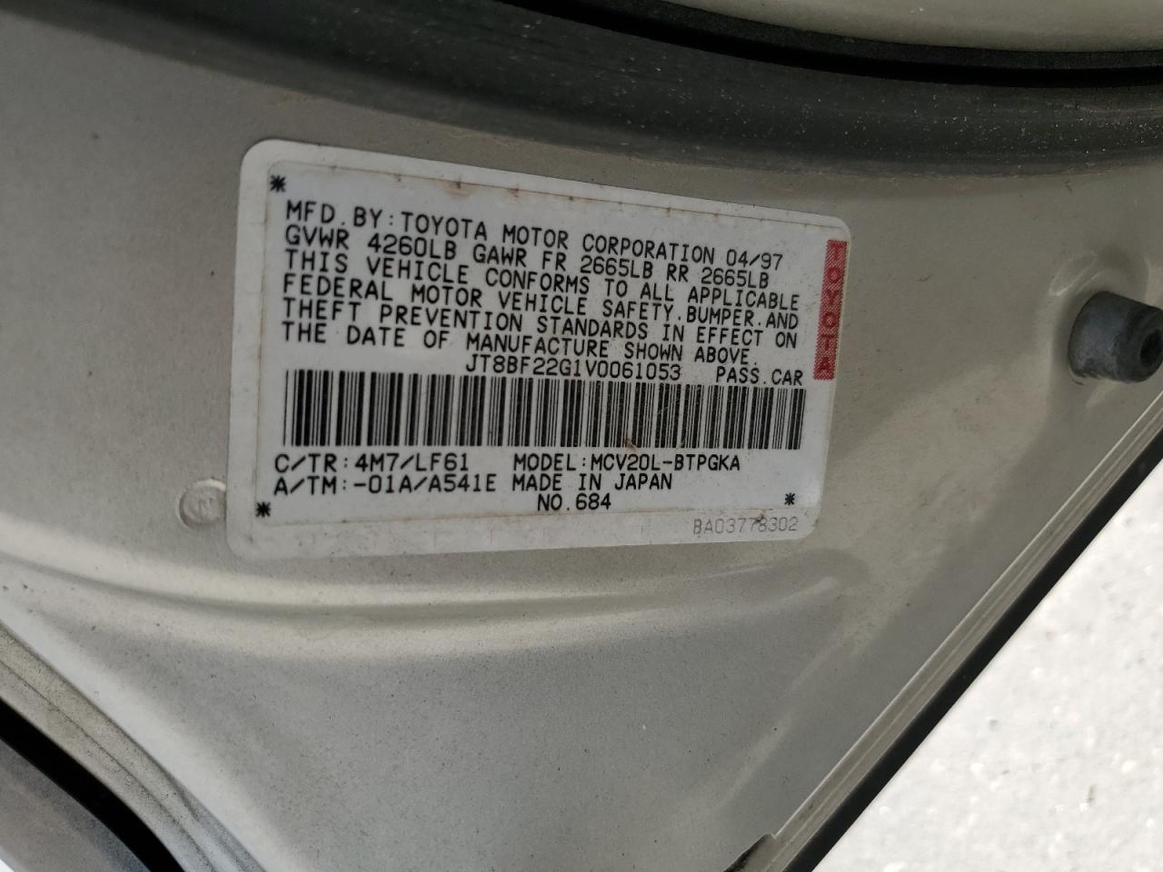 1997 Lexus Es 300 VIN: JT8BF22G1V0061053 Lot: 63100975