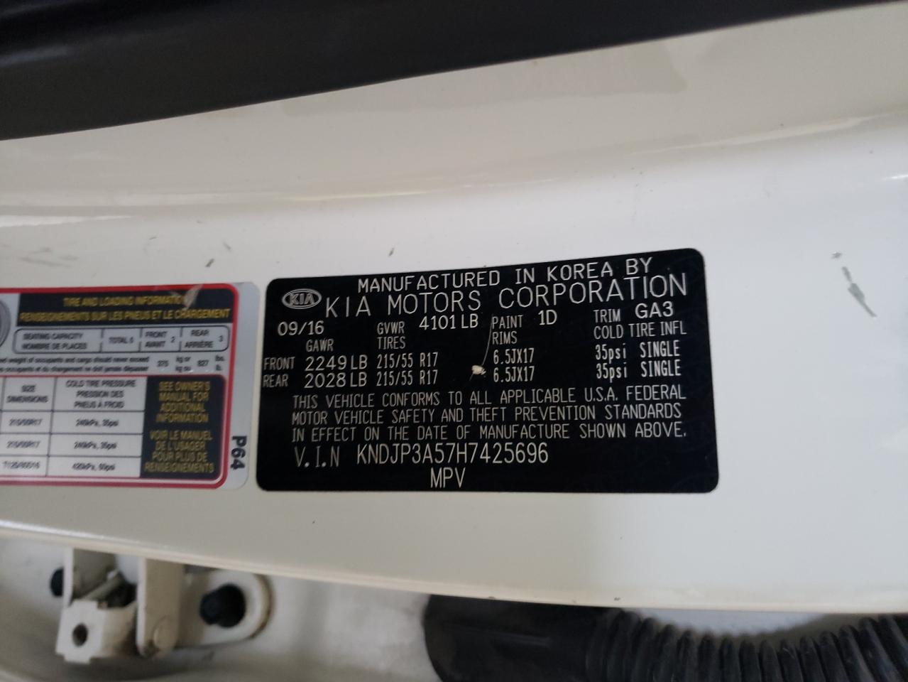 2017 Kia Soul + VIN: KNDJP3A57H7425696 Lot: 67273865