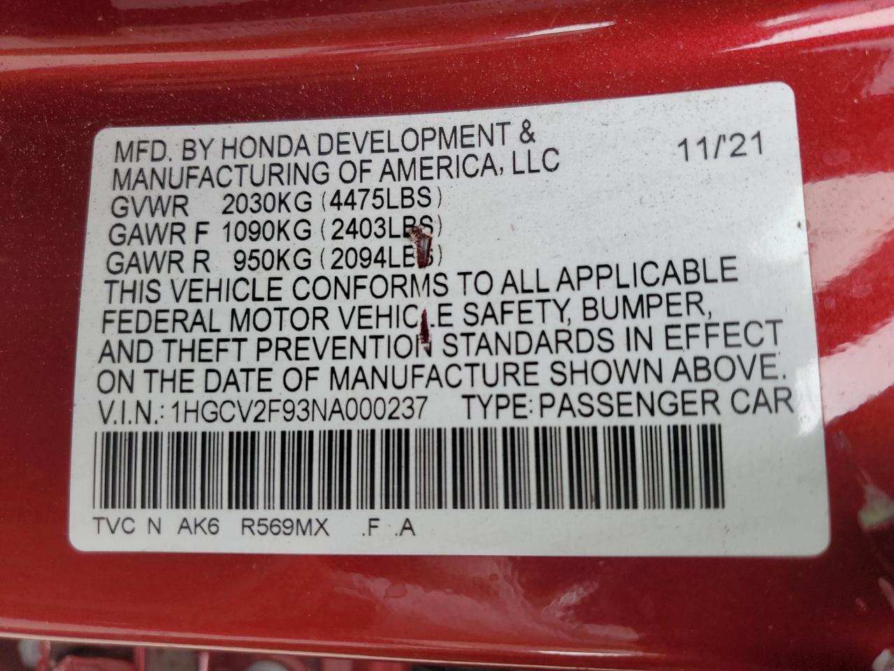 2022 Honda Accord Touring VIN: 1HGCV2F93NA000237 Lot: 64242785