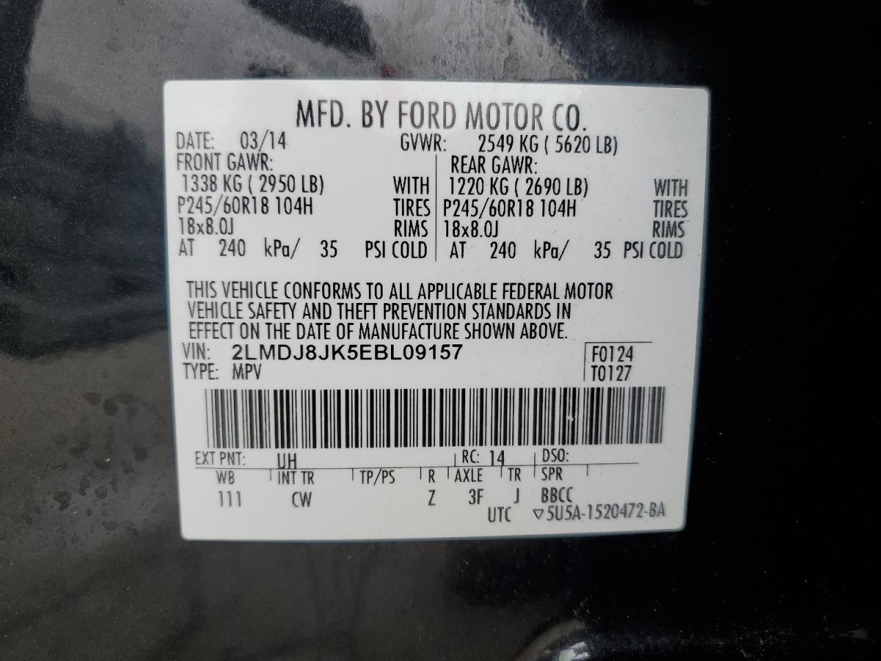 2014 Lincoln Mkx VIN: 2LMDJ8JK5EBL09157 Lot: 64899135