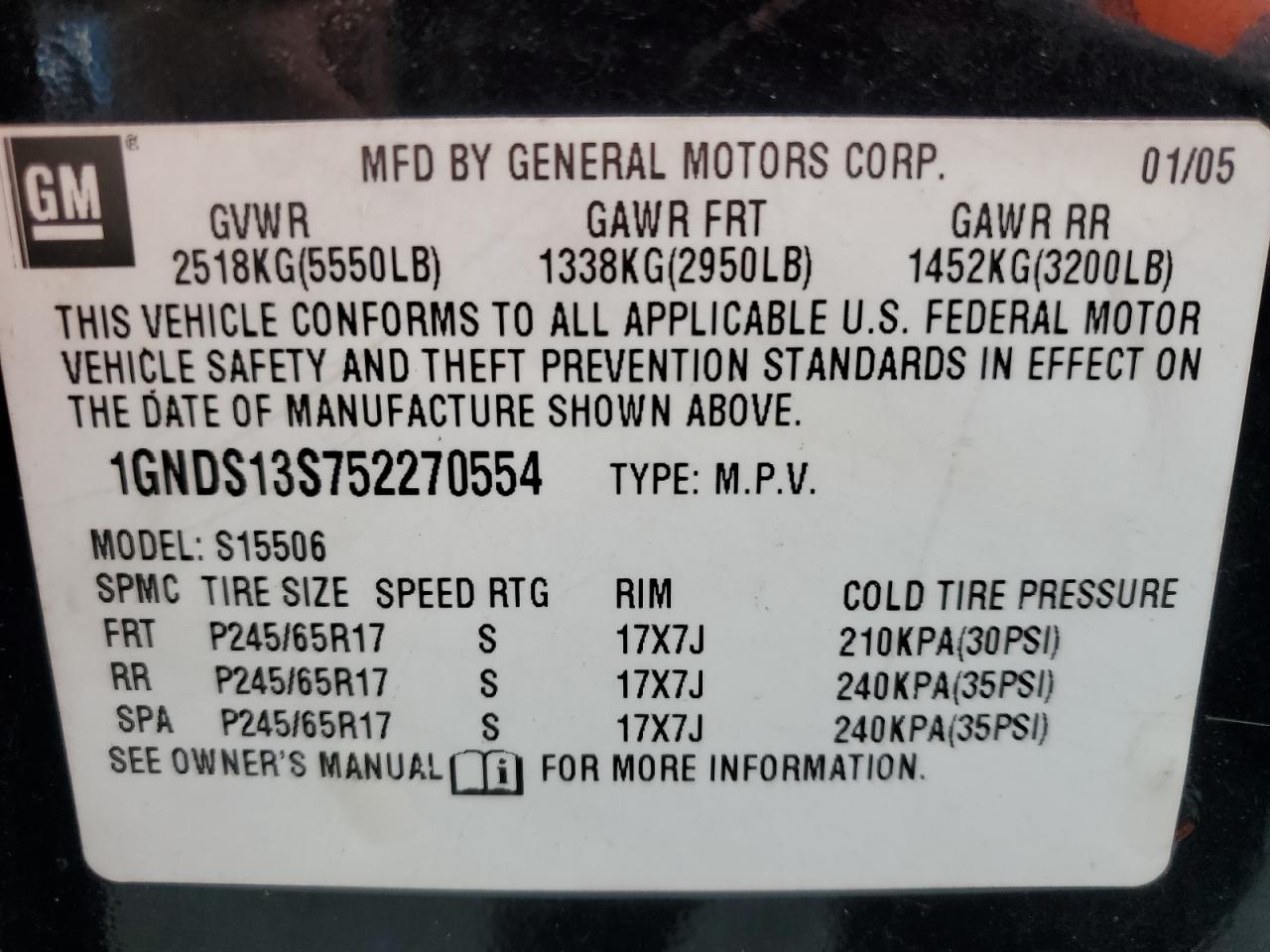 2005 Chevrolet Trailblazer Ls VIN: 1GNDS13S752270554 Lot: 63663205