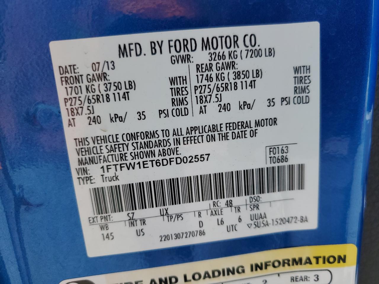 2013 Ford F150 Supercrew VIN: 1FTFW1ET6DFD02557 Lot: 64700785