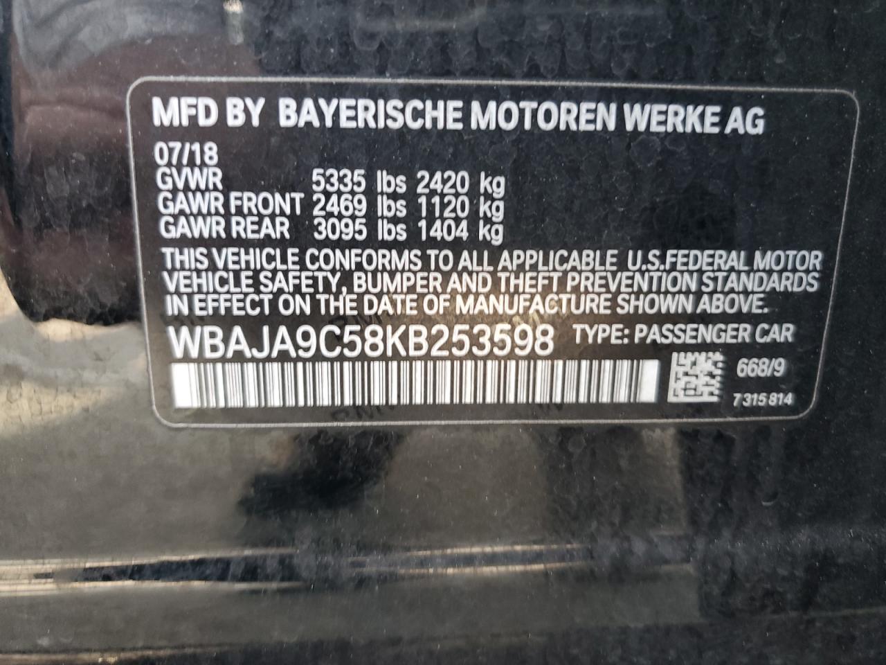 2019 BMW 530E VIN: WBAJA9C58KB253598 Lot: 64587645