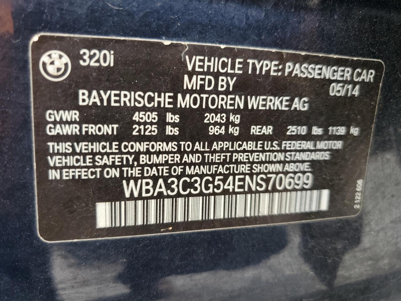 2014 BMW 320 I xDrive VIN: WBA3C3G54ENS70699 Lot: 63371425