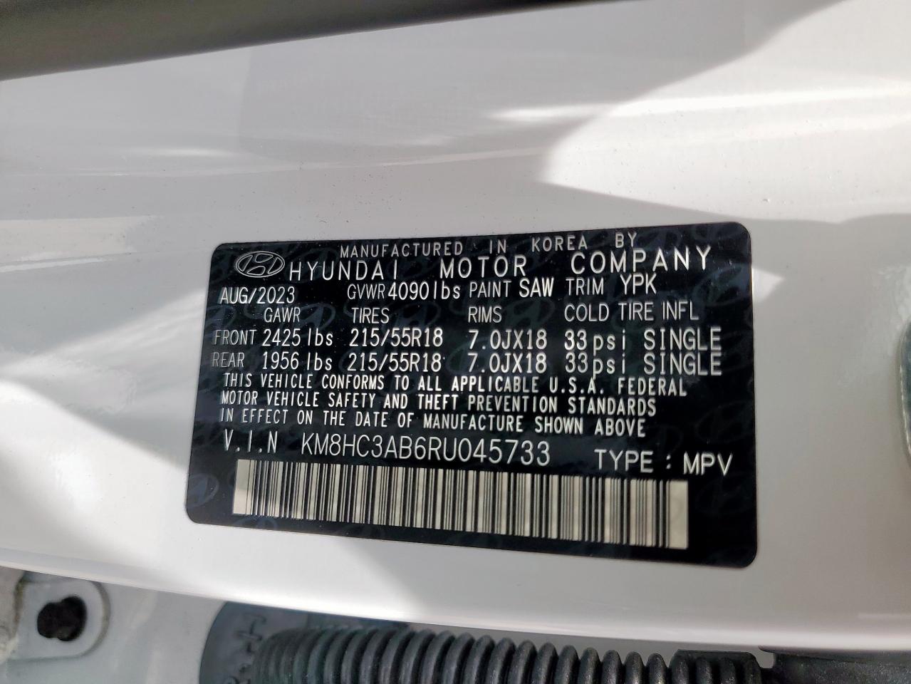 2024 Hyundai Kona Sel VIN: KM8HC3AB6RU045733 Lot: 65096365