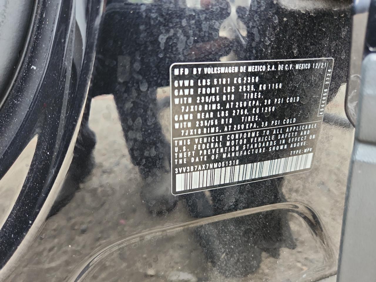 2022 Volkswagen Tiguan Se VIN: 3VV3B7AX7NM051318 Lot: 61554425