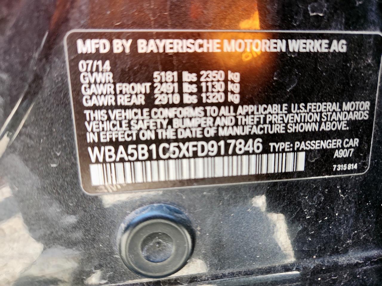 2015 BMW 535 I VIN: WBA5B1C5XFD917846 Lot: 65697755