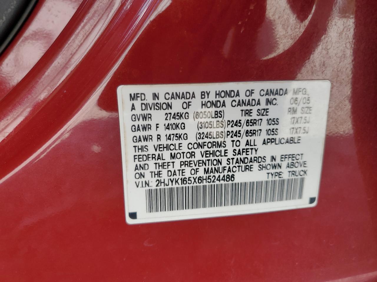 2006 Honda Ridgeline Rtl VIN: 2HJYK165X6H524486 Lot: 62884235