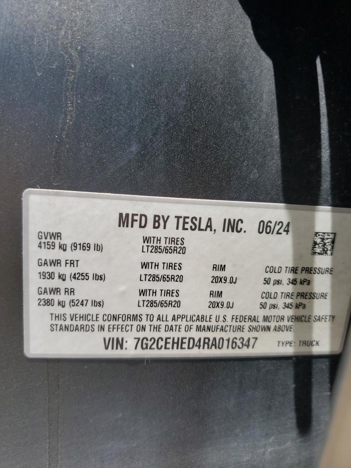2024 Tesla Cybertruck VIN: 7G2CEHED4RA016347 Lot: 64123995