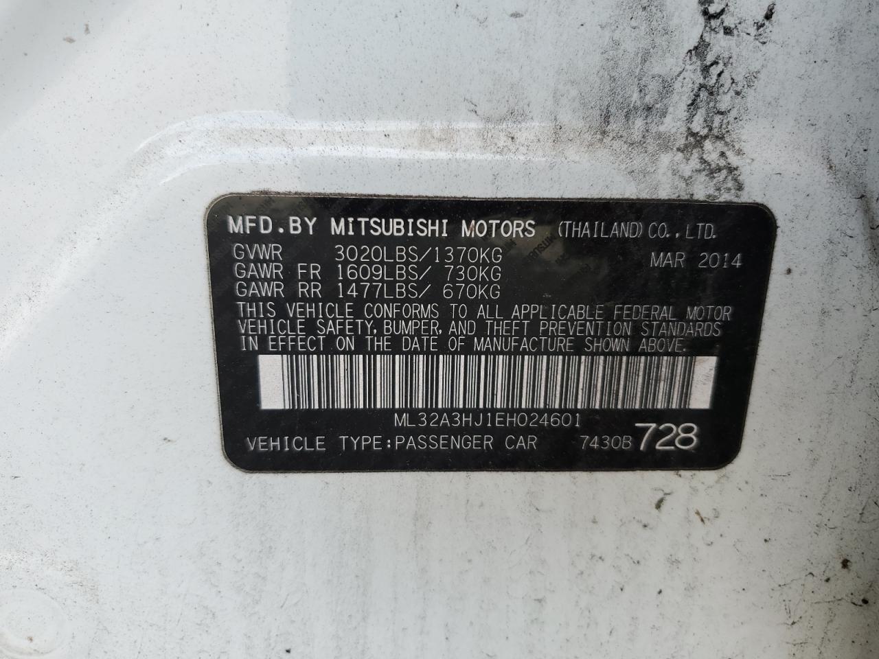 2014 Mitsubishi Mirage De VIN: ML32A3HJ1EH024601 Lot: 63615855