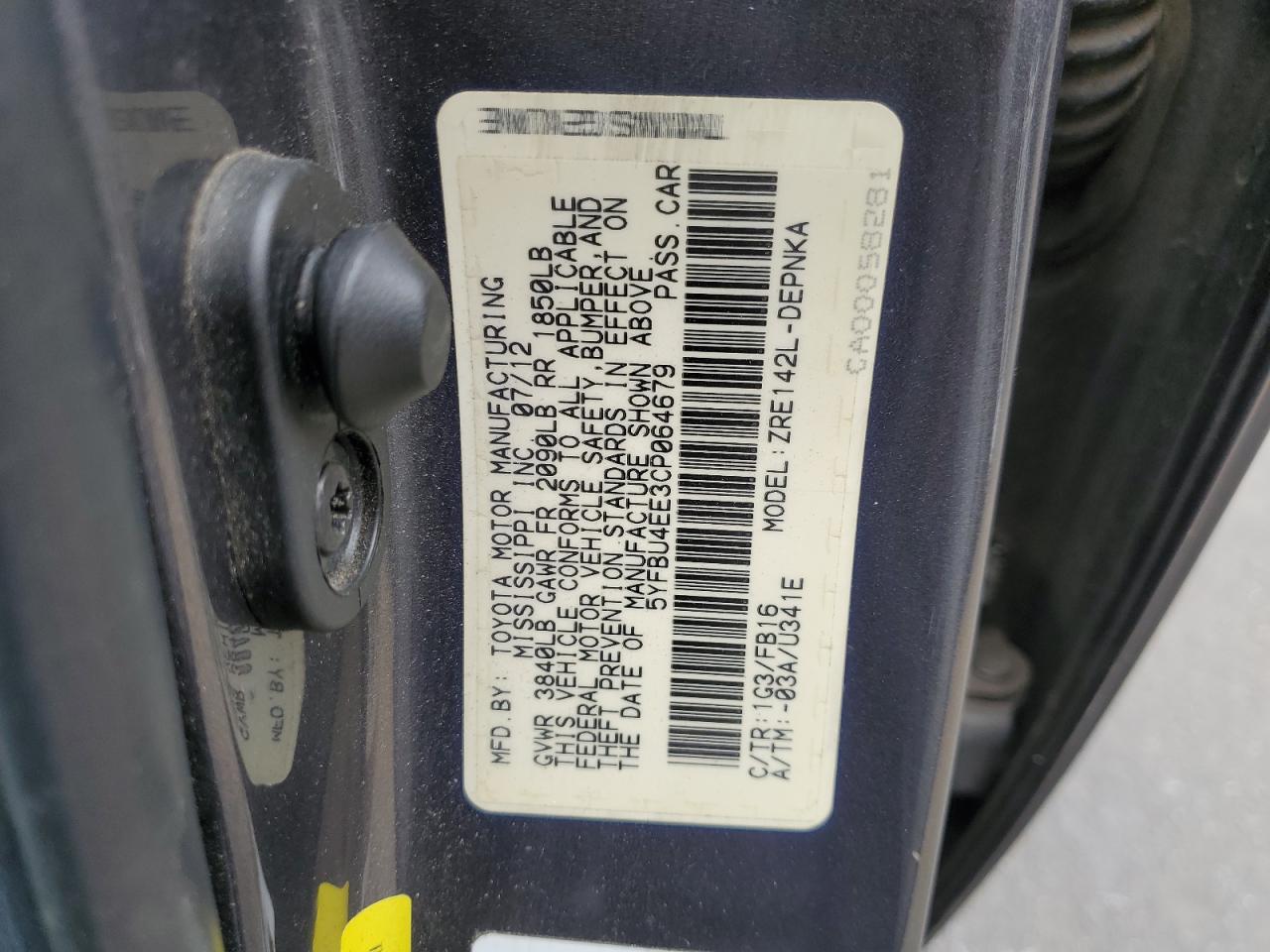 2012 Toyota Corolla Base VIN: 5YFBU4EE3CP064679 Lot: 66097035