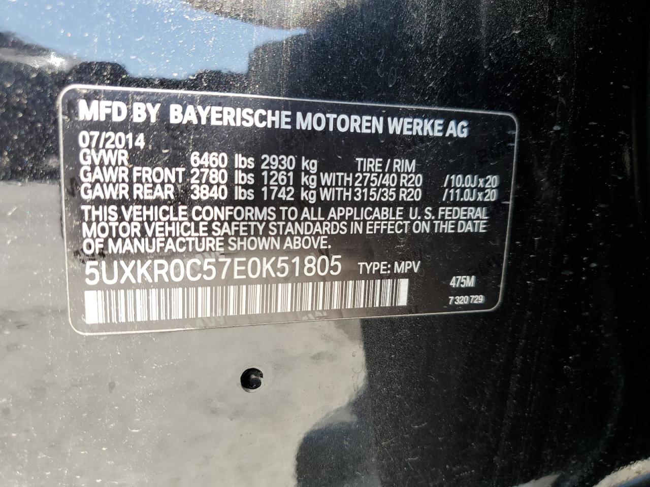 2014 BMW X5 xDrive35I VIN: 5UXKR0C57E0K51805 Lot: 63525575