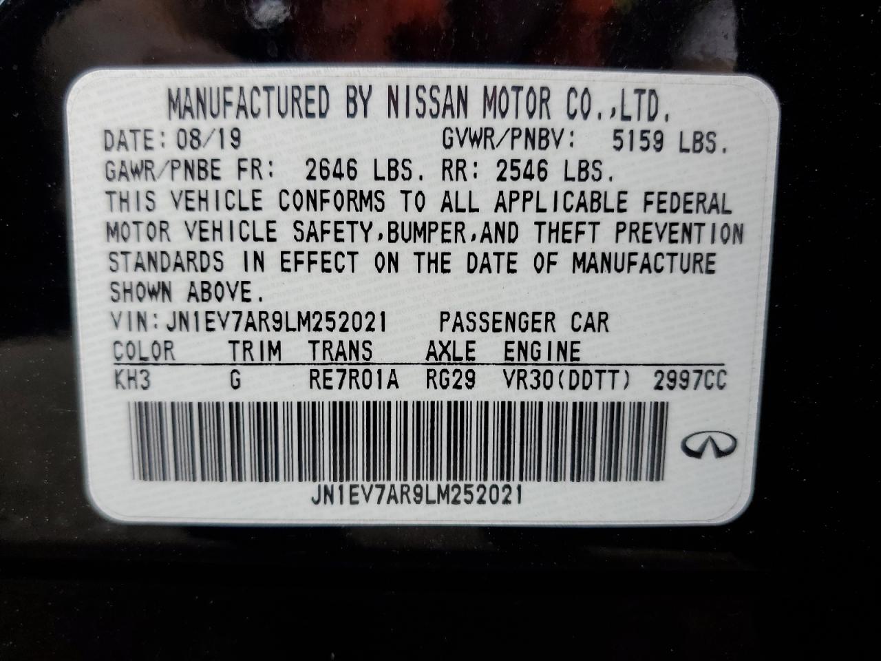 2020 Infiniti Q50 Pure VIN: JN1EV7AR9LM252021 Lot: 64165715