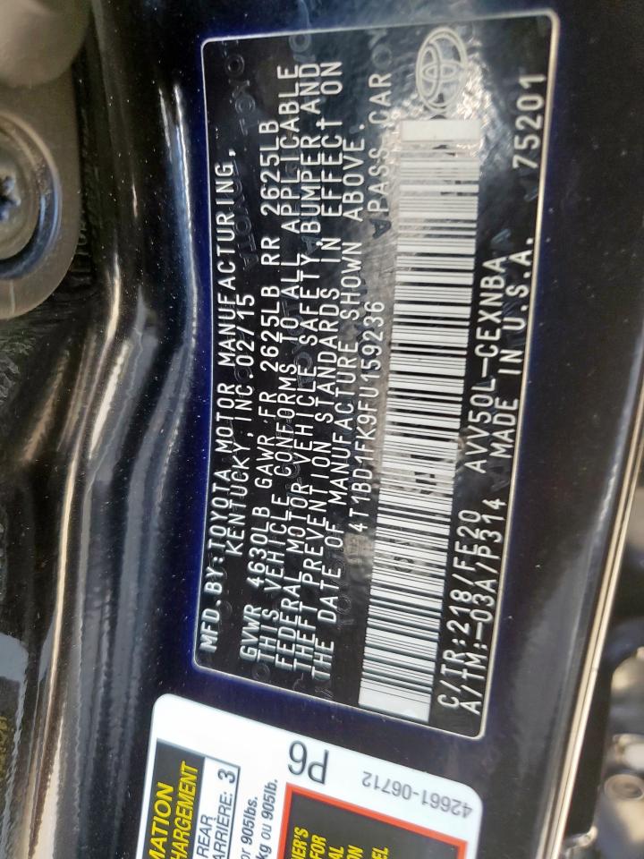 2015 Toyota Camry Hybrid VIN: 4T1BD1FK9FU159236 Lot: 63395715