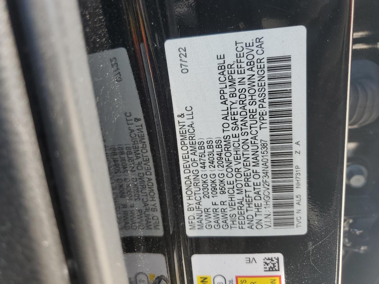 2022 Honda Accord Sport VIN: 1HGCV2F34NA015387 Lot: 63590925