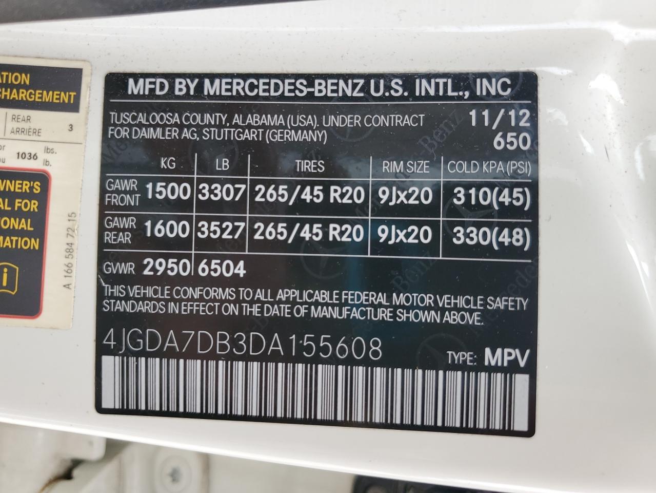 2013 Mercedes-Benz Ml 550 4Matic VIN: 4JGDA7DB3DA155608 Lot: 62859905