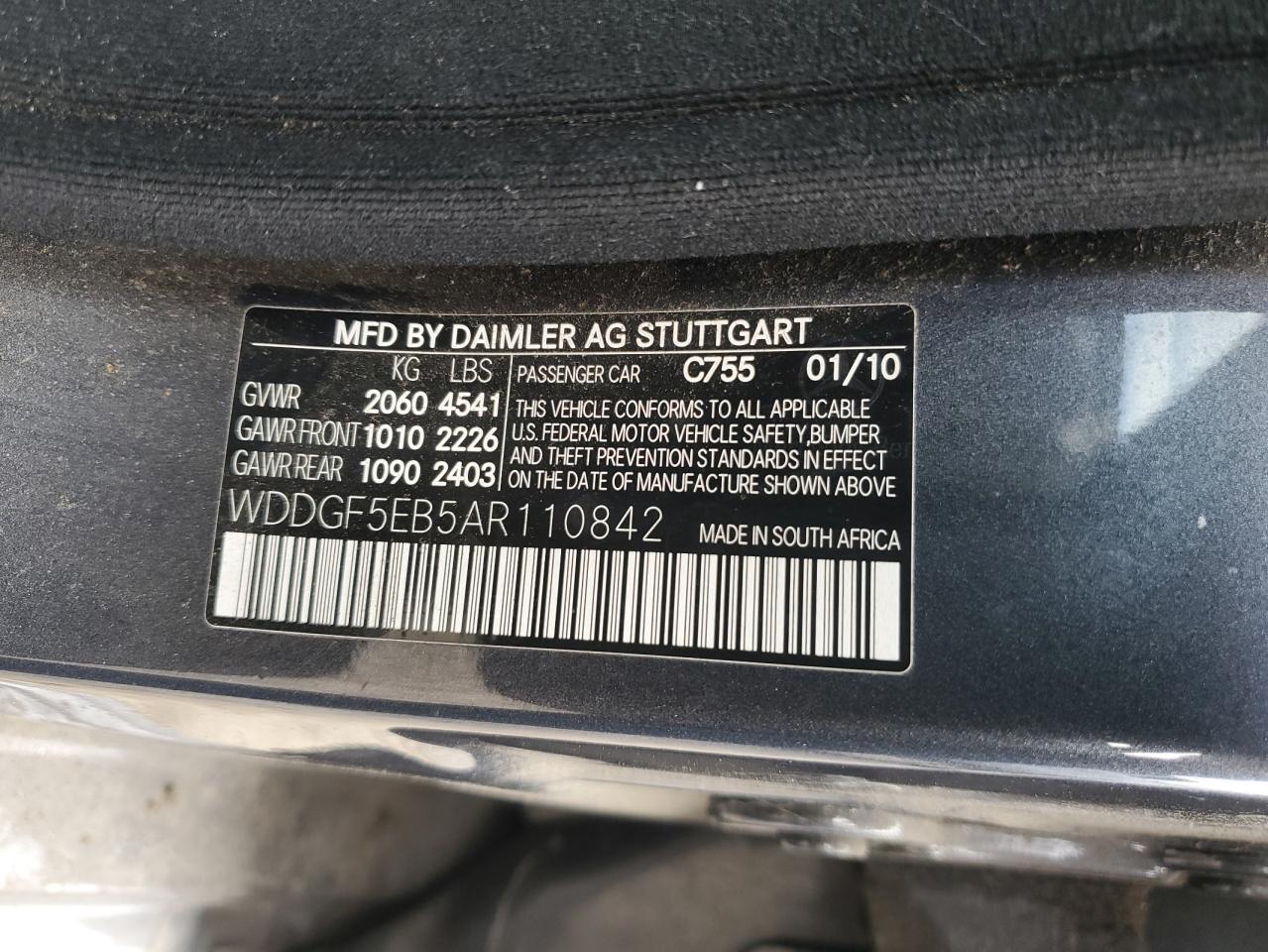 2010 Mercedes-Benz C 300 VIN: WDDGF5EB5AR110842 Lot: 63125875