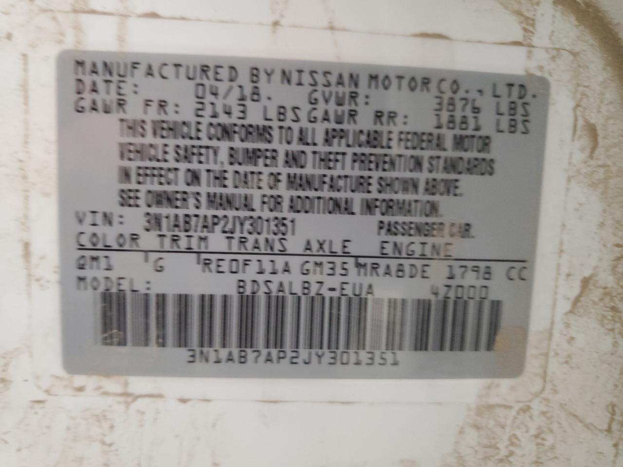 2018 Nissan Sentra S VIN: 3N1AB7AP2JY301351 Lot: 63508475