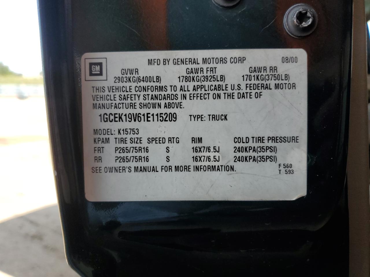 2001 Chevrolet Silverado K1500 VIN: 1GCEK19V61E115209 Lot: 65448835