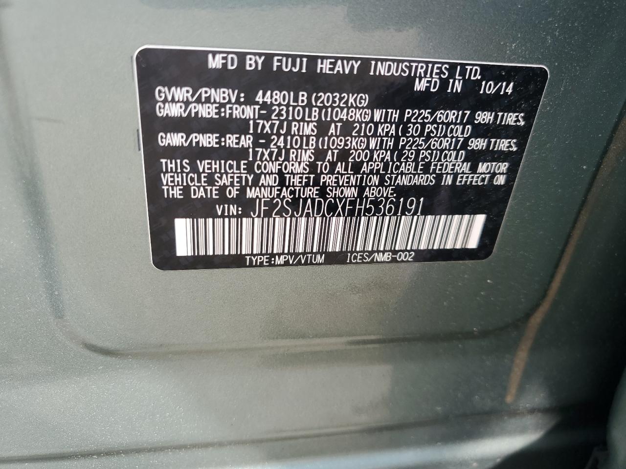 2015 Subaru Forester 2.5I Premium VIN: JF2SJADCXFH536191 Lot: 64017015
