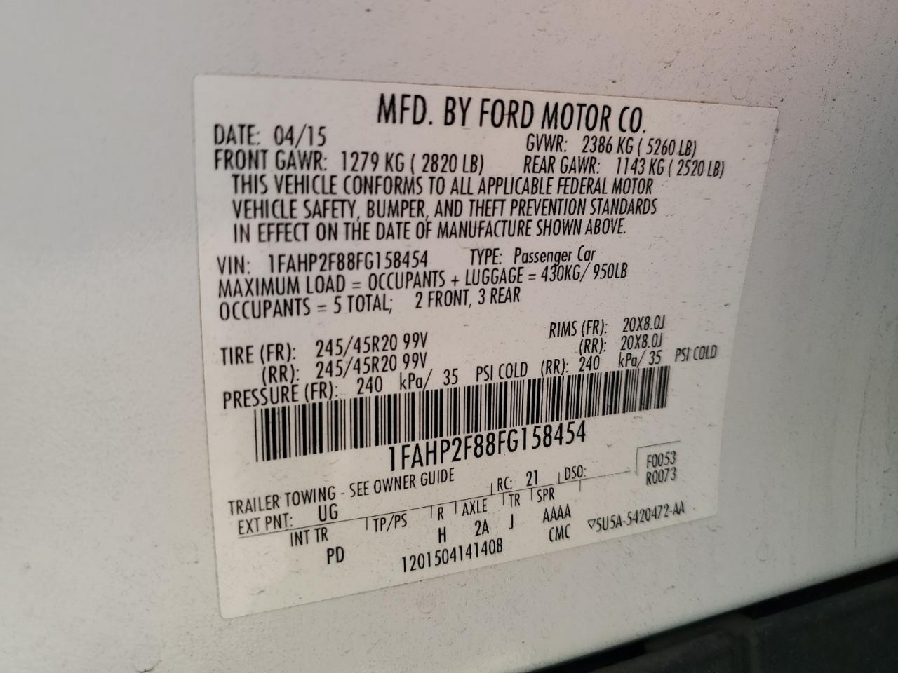 2015 Ford Taurus Limited VIN: 1FAHP2F88FG158454 Lot: 66477805