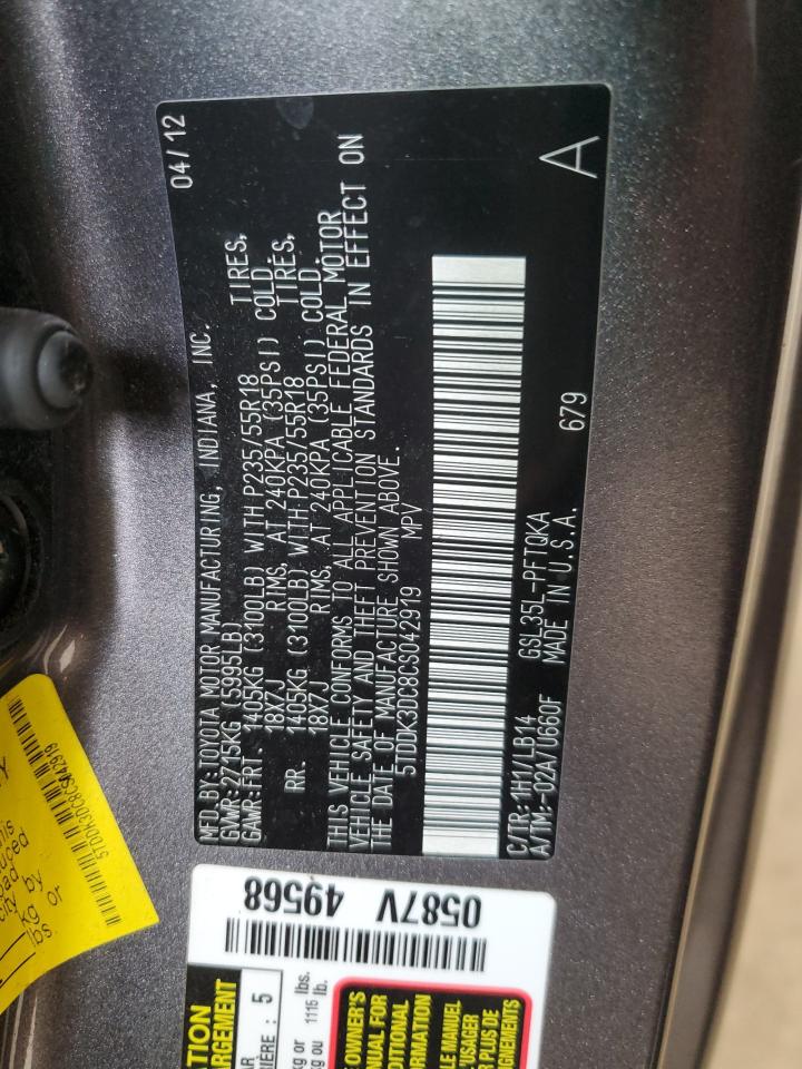 2012 Toyota Sienna Xle VIN: 5TDDK3DC8CS042919 Lot: 62644385