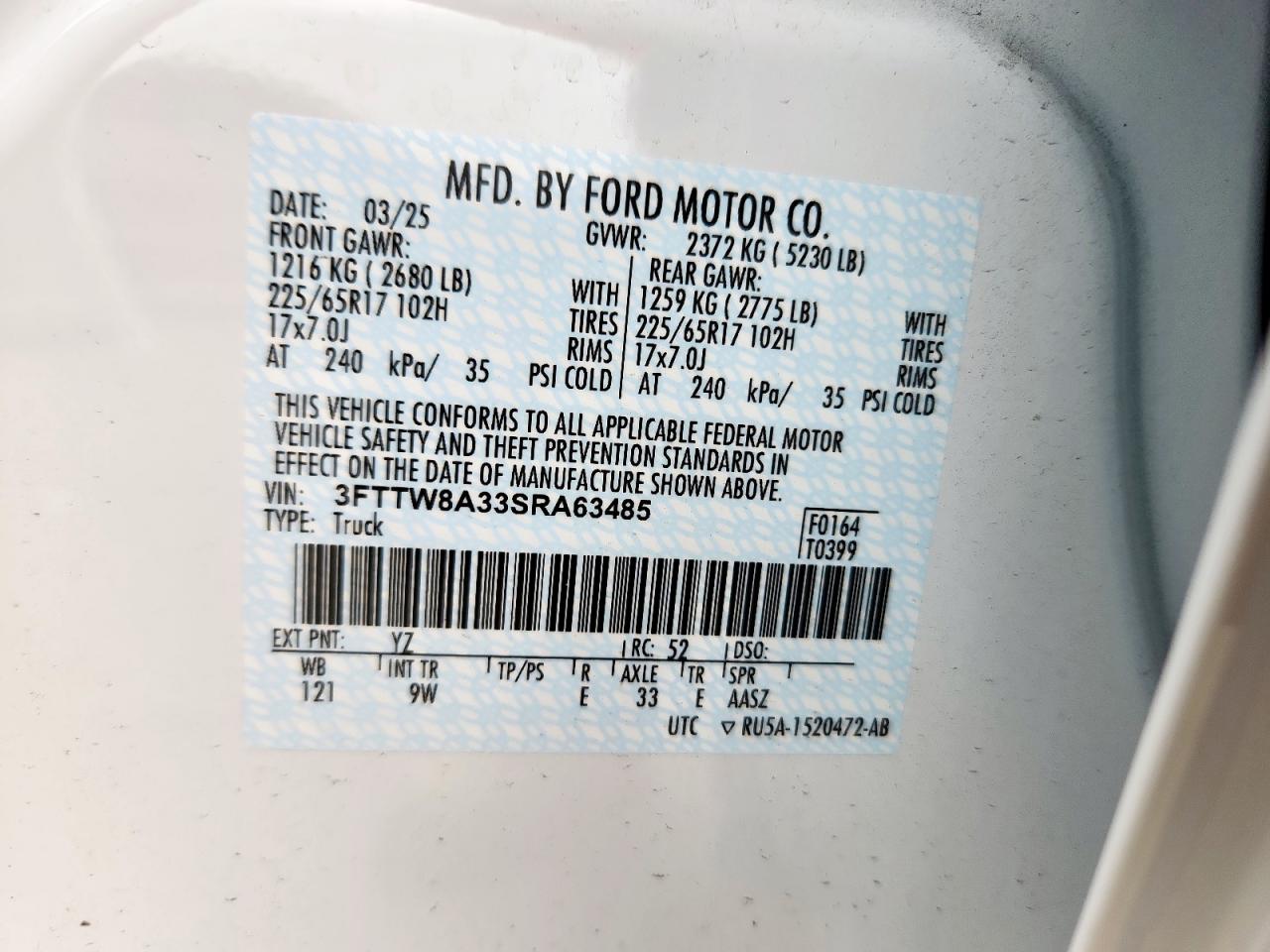 2025 Ford Maverick Xl VIN: 3FTTW8A33SRA63485 Lot: 63322375