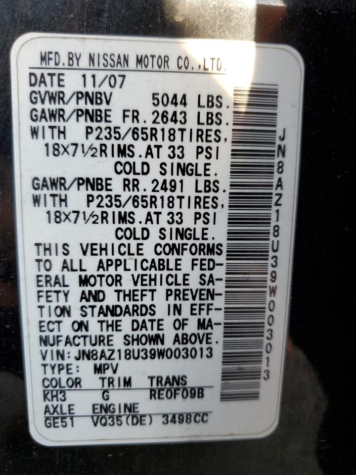 2009 Nissan Murano S VIN: JN8AZ18U39W003013 Lot: 63609295