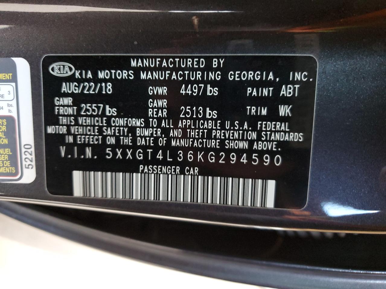 2019 Kia Optima Lx VIN: 5XXGT4L36KG294590 Lot: 64674985