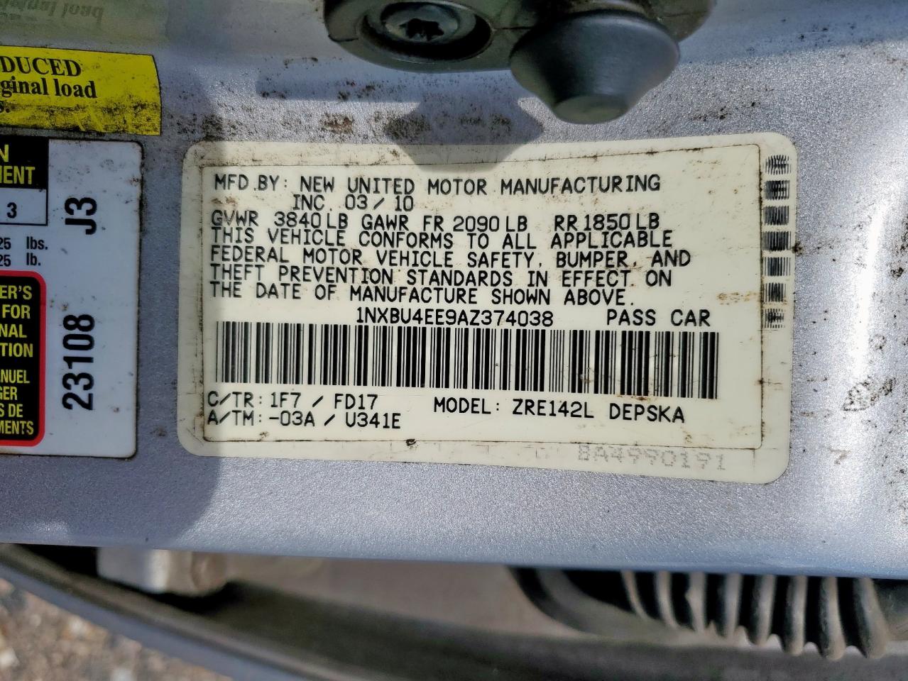 2010 Toyota Corolla Base VIN: 1NXBU4EE9AZ374038 Lot: 64583005