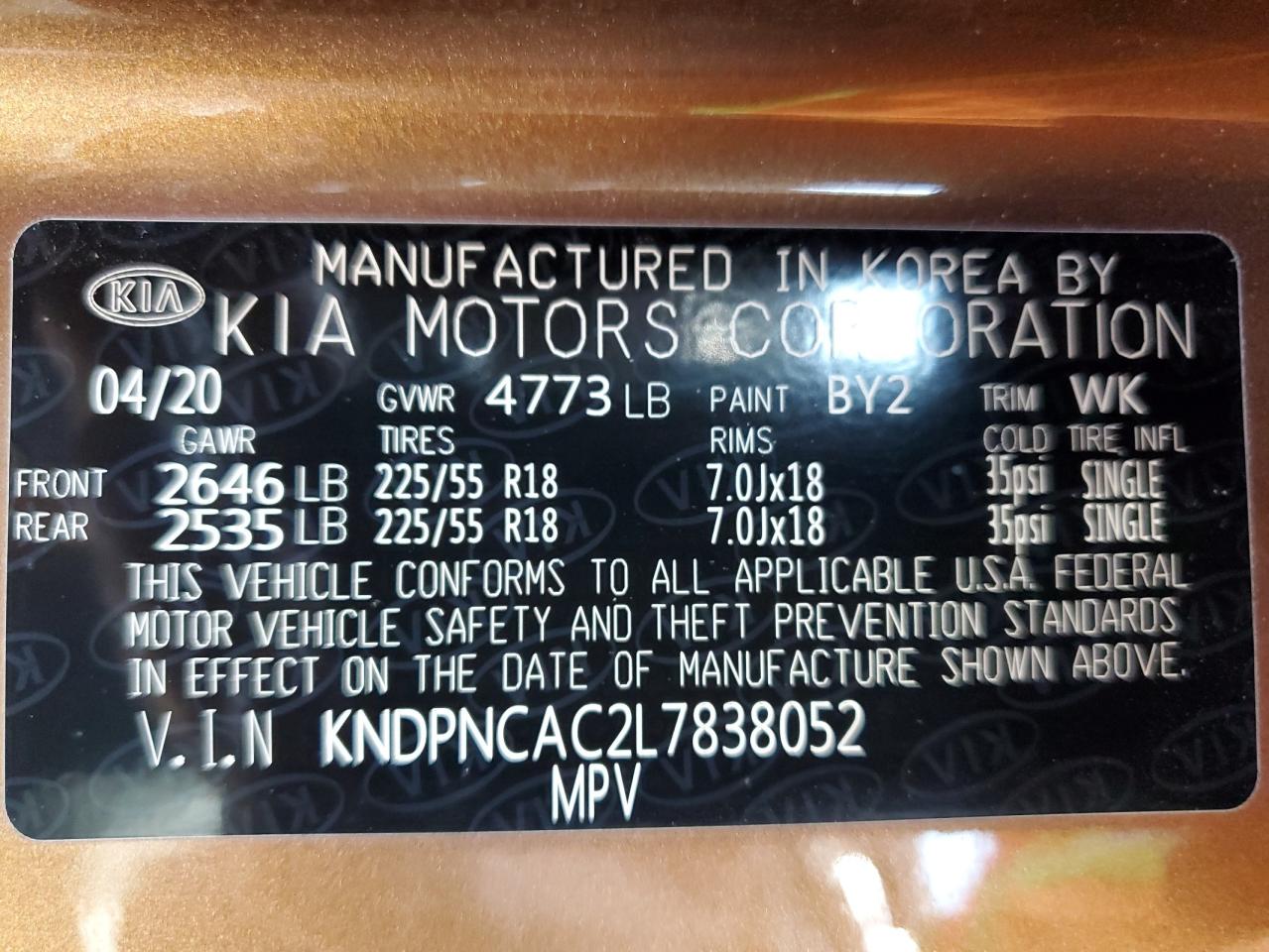 2020 Kia Sportage Ex VIN: KNDPNCAC2L7838052 Lot: 63759115