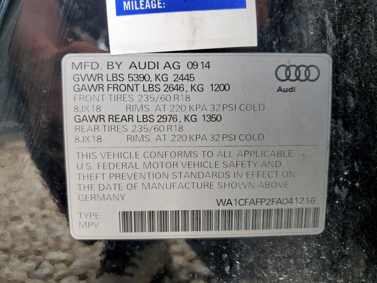 2015 Audi Q5 Premium VIN: WA1CFAFP2FA041216 Lot: 58946905