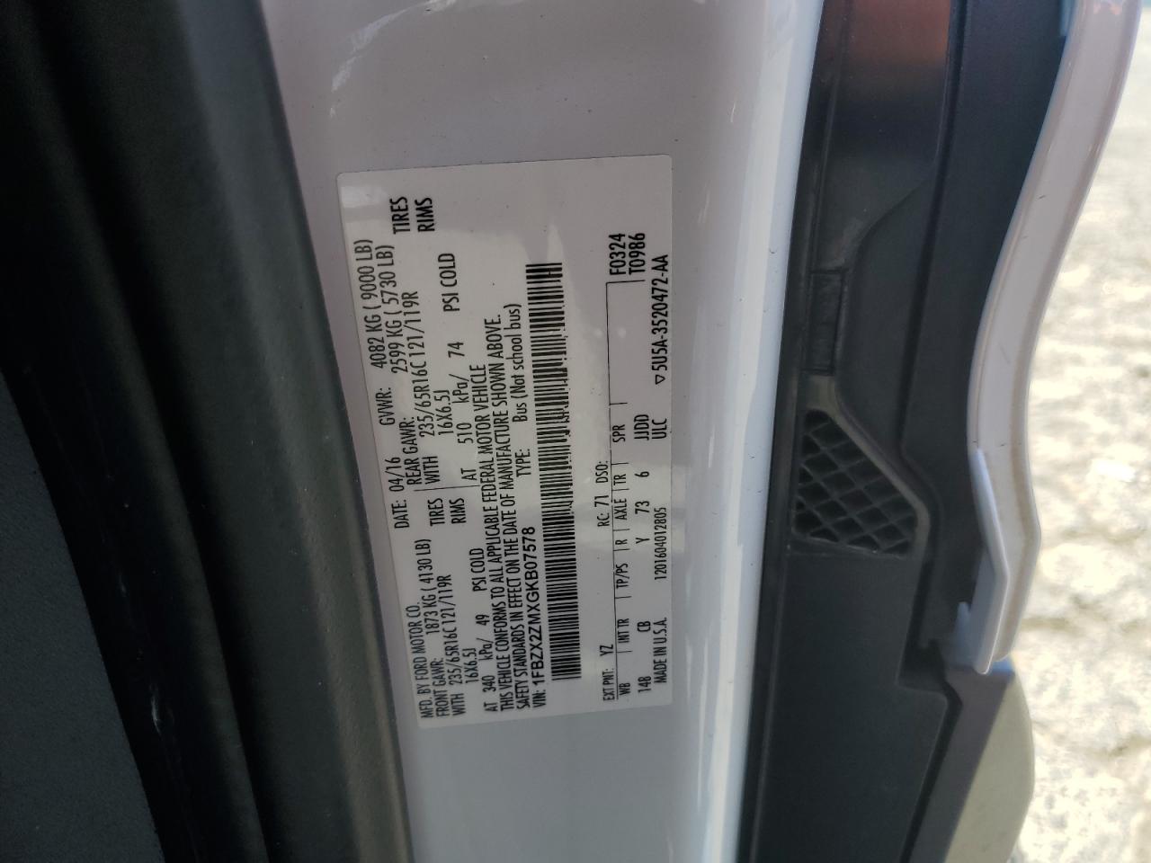 2016 Ford Transit T-350 VIN: 1FBZX2ZMXGKB07578 Lot: 65332285