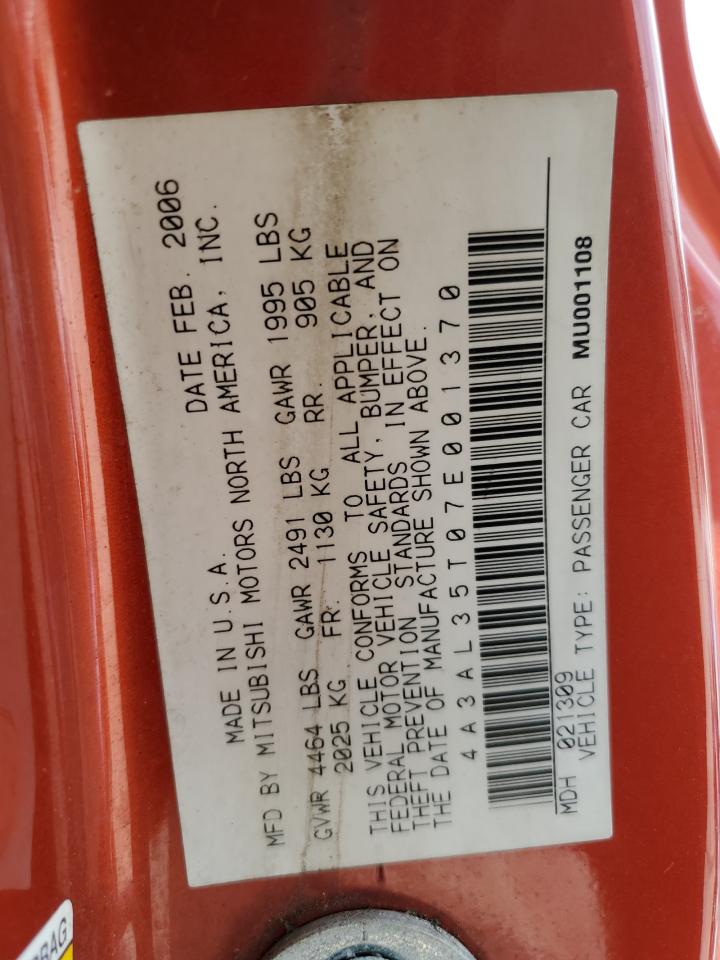 2007 Mitsubishi Eclipse Spyder Gt VIN: 4A3AL35T07E001370 Lot: 66390245