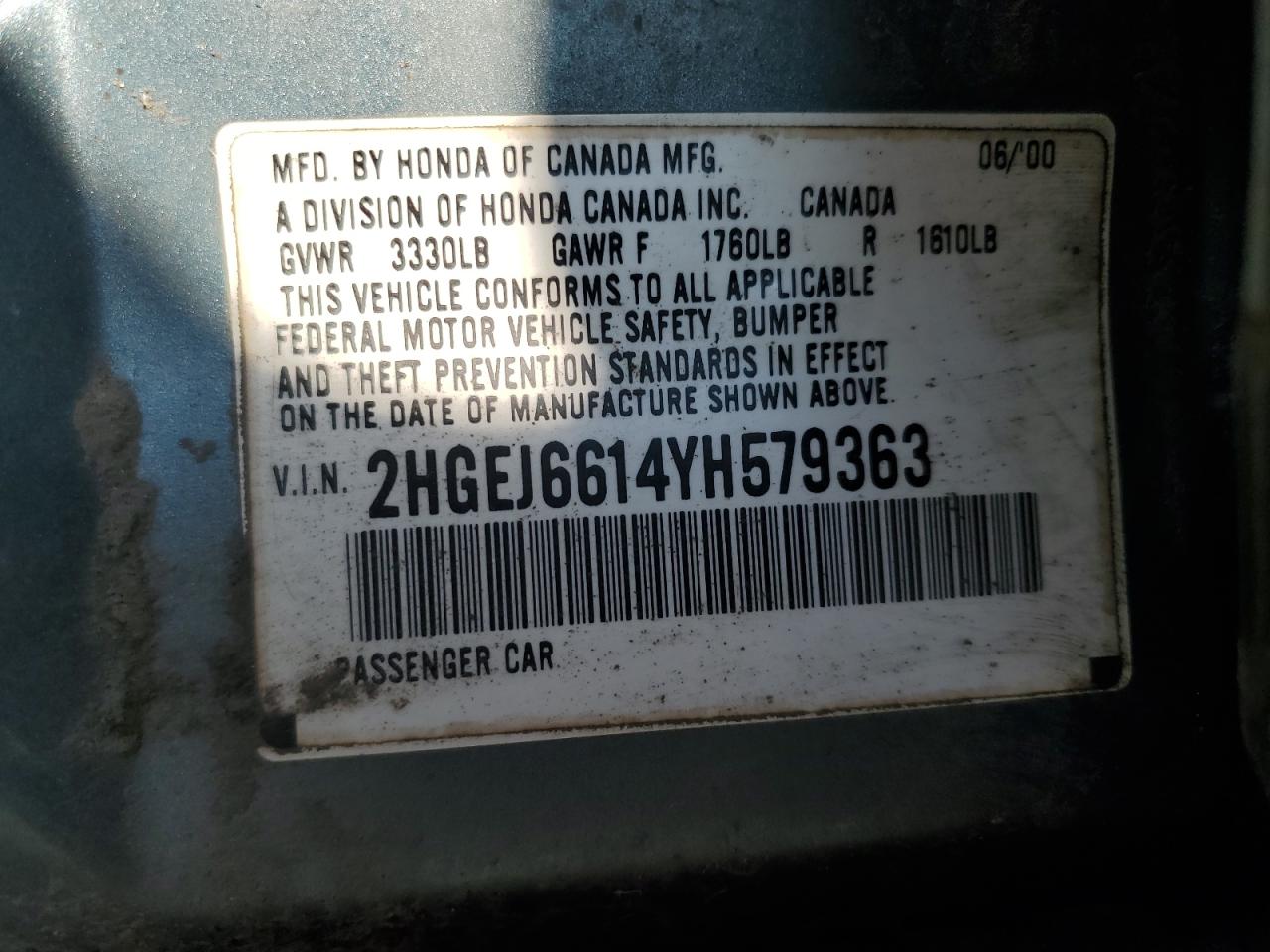 2000 Honda Civic Base VIN: 2HGEJ6614YH579363 Lot: 66605625