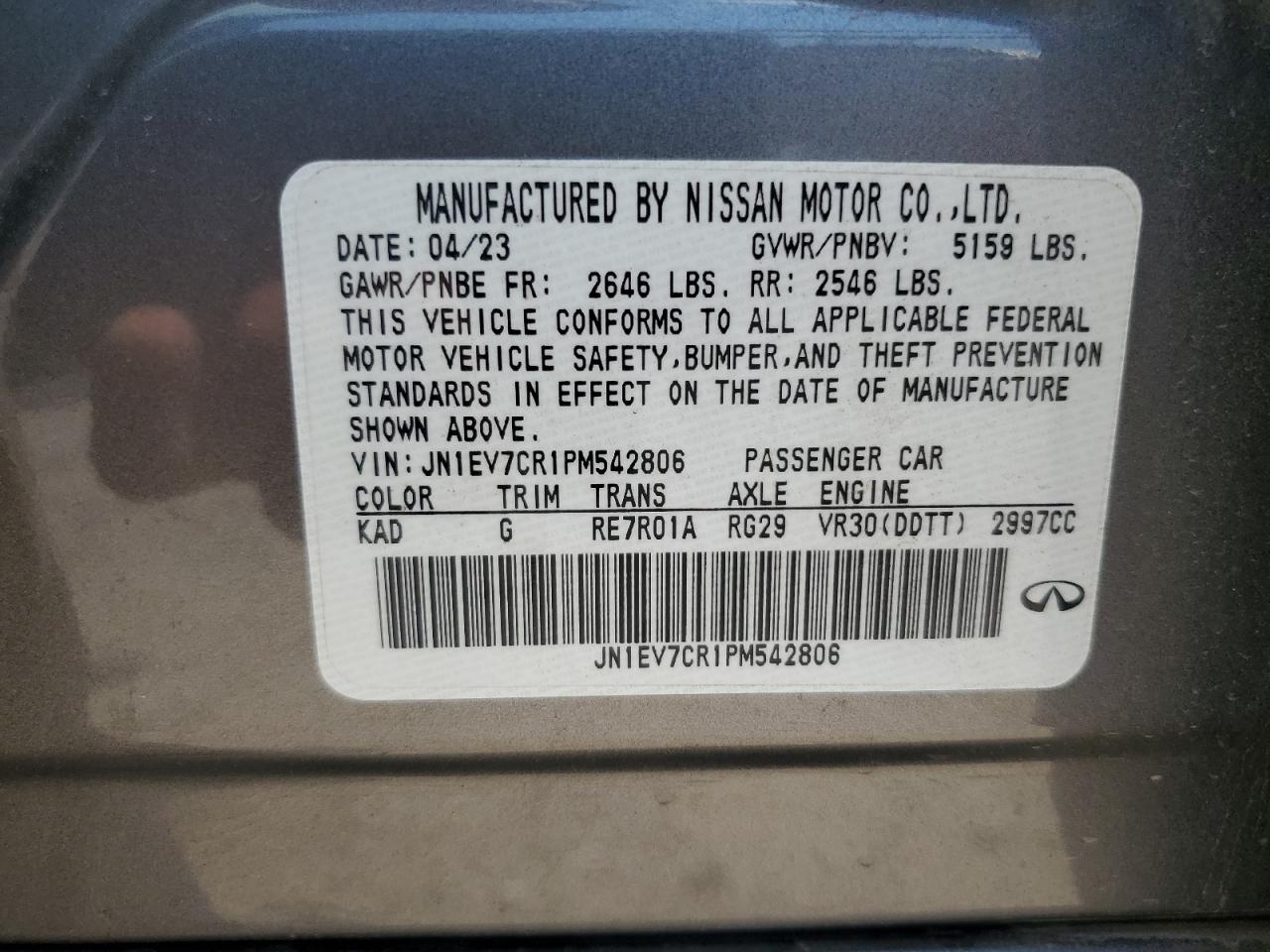 2023 Infiniti Q50 Sensory VIN: JN1EV7CR1PM542806 Lot: 63419765