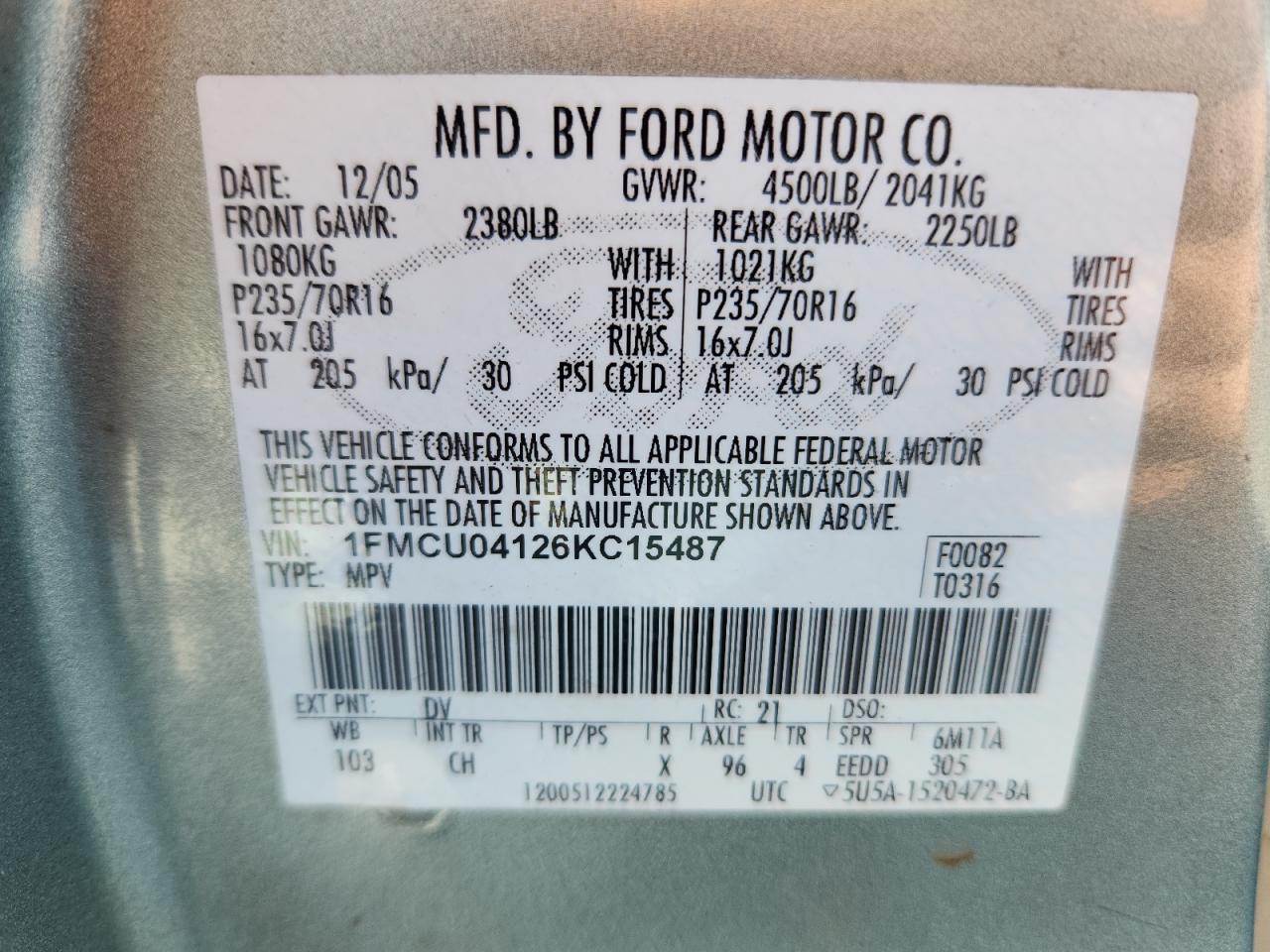 2006 Ford Escape Limited VIN: 1FMCU04126KC15487 Lot: 64687035