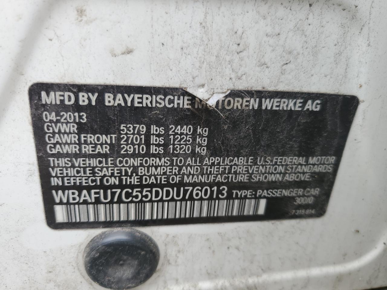 2013 BMW 535 Xi VIN: WBAFU7C55DDU76013 Lot: 65446515